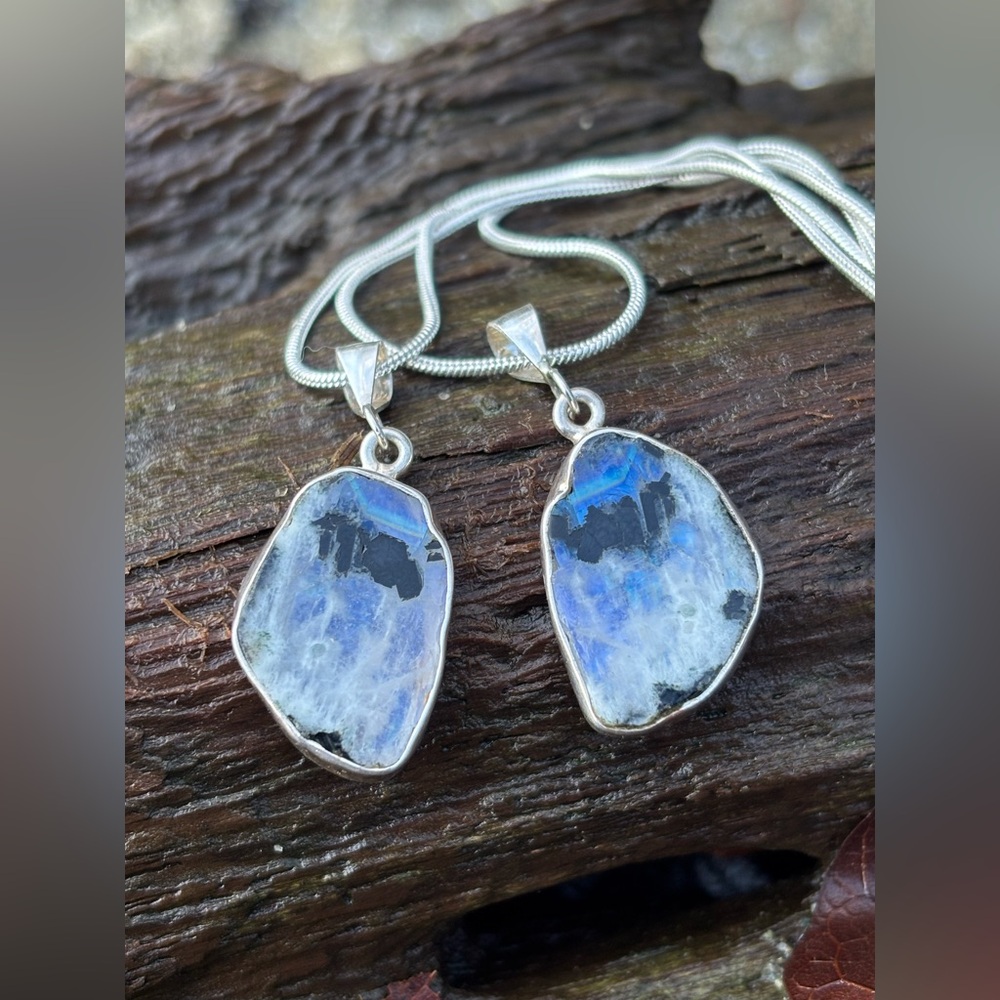 Rare Blue-Flash Moonstone & Black Tourmaline Slab Pendants Matched Set 925 Chain